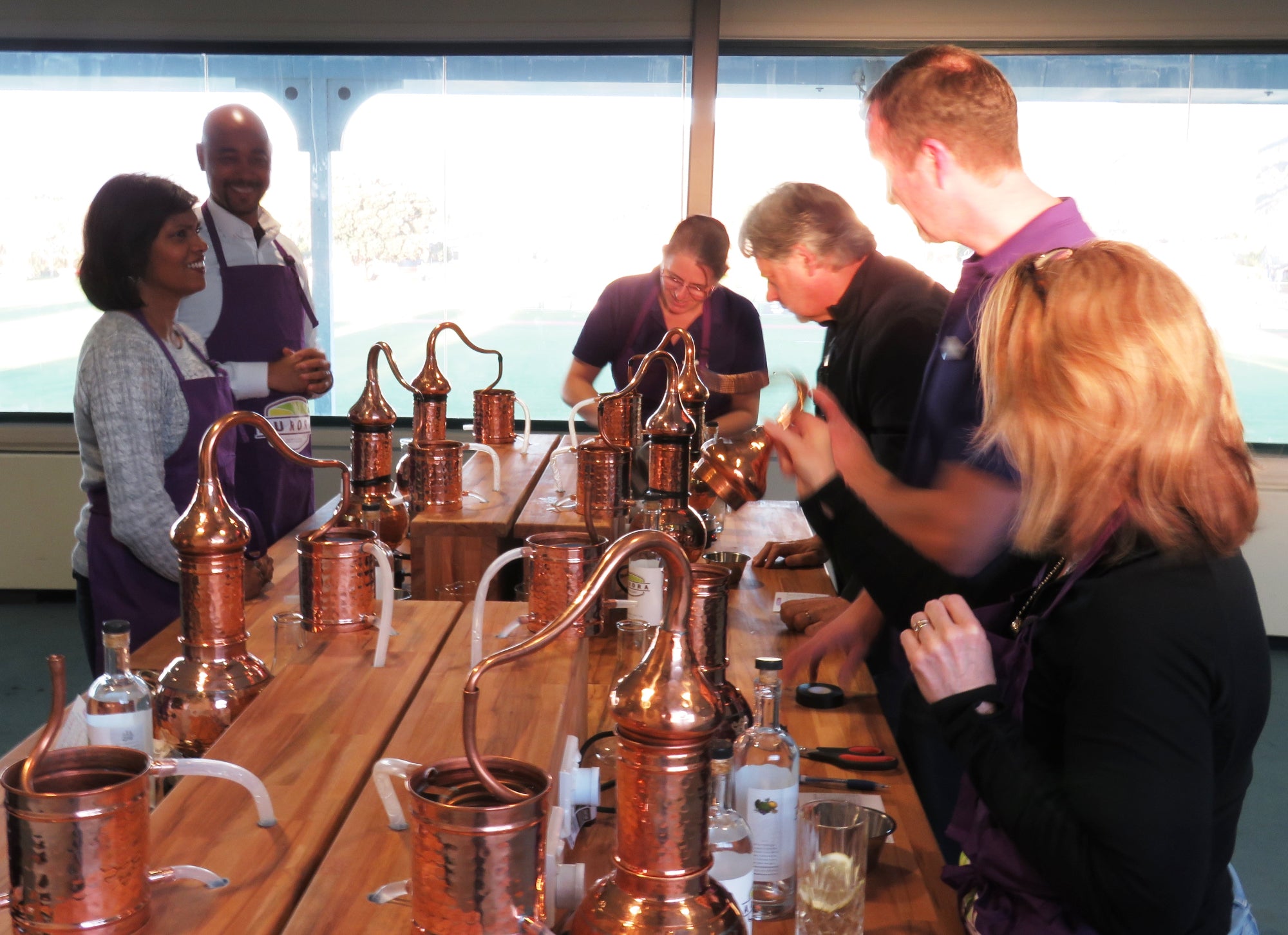 Group of people distilling gin