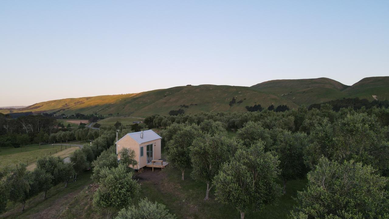 Cabin nestled in the Blue Earth Estate olive grove.