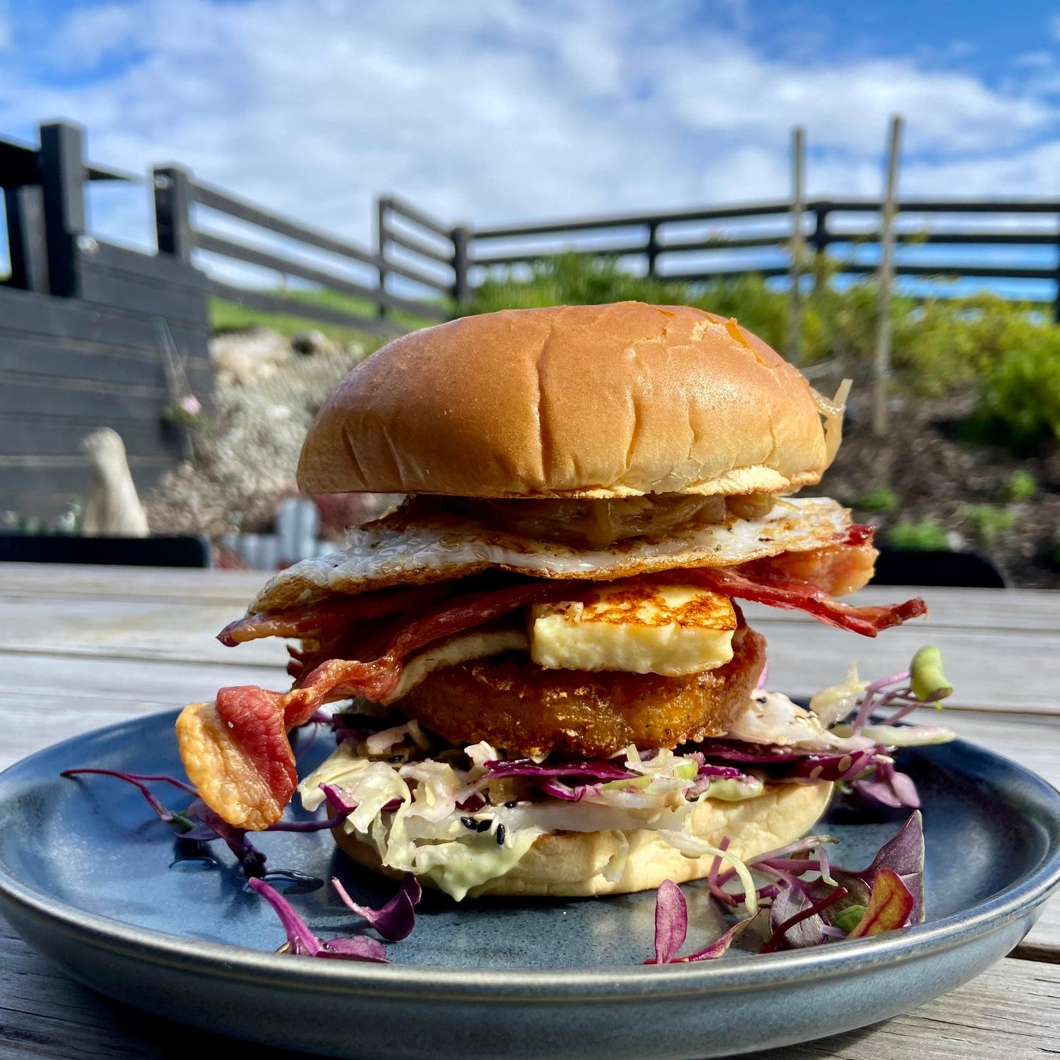 Close up of breakfast burger