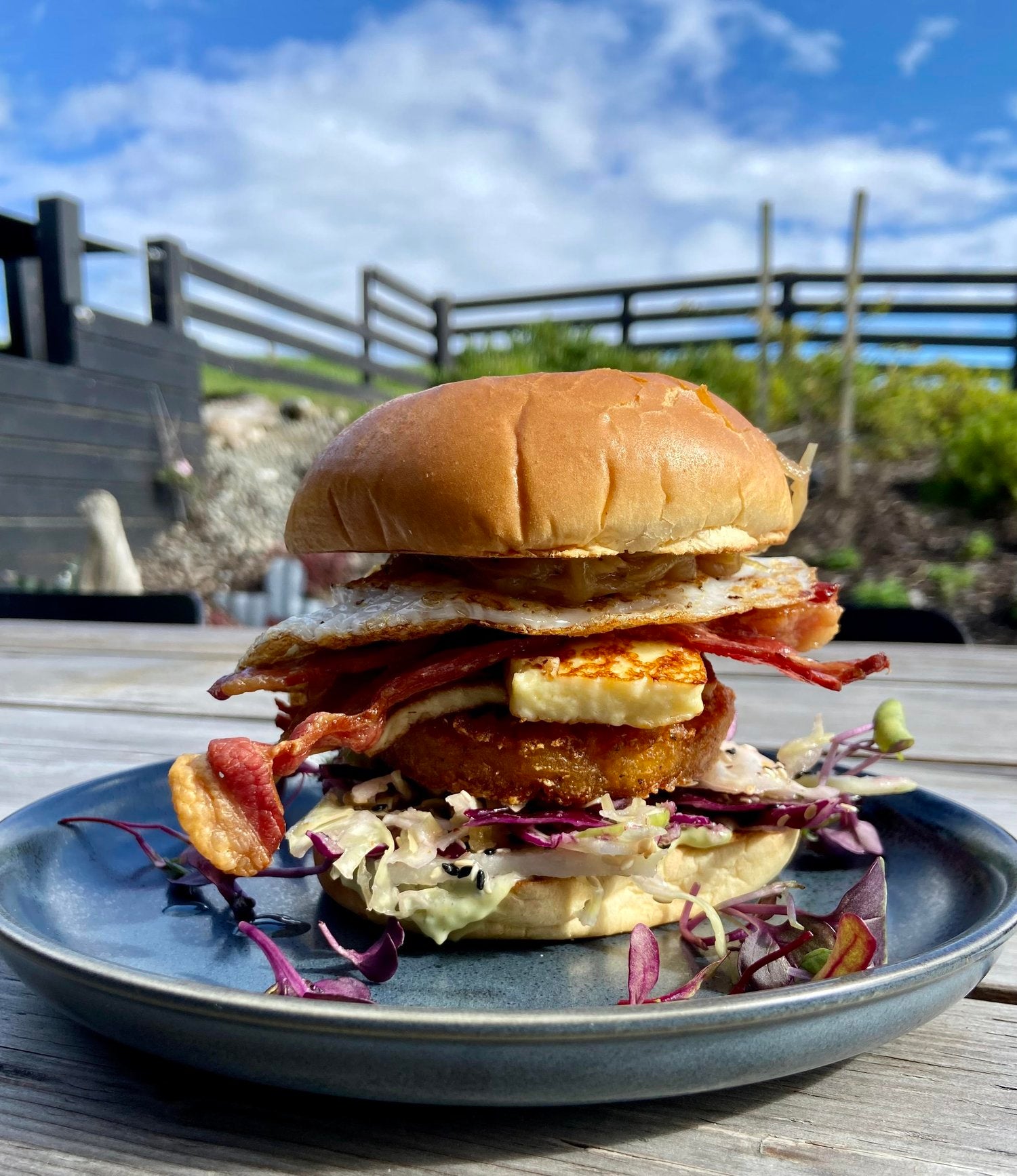 Close up of breakfast burger