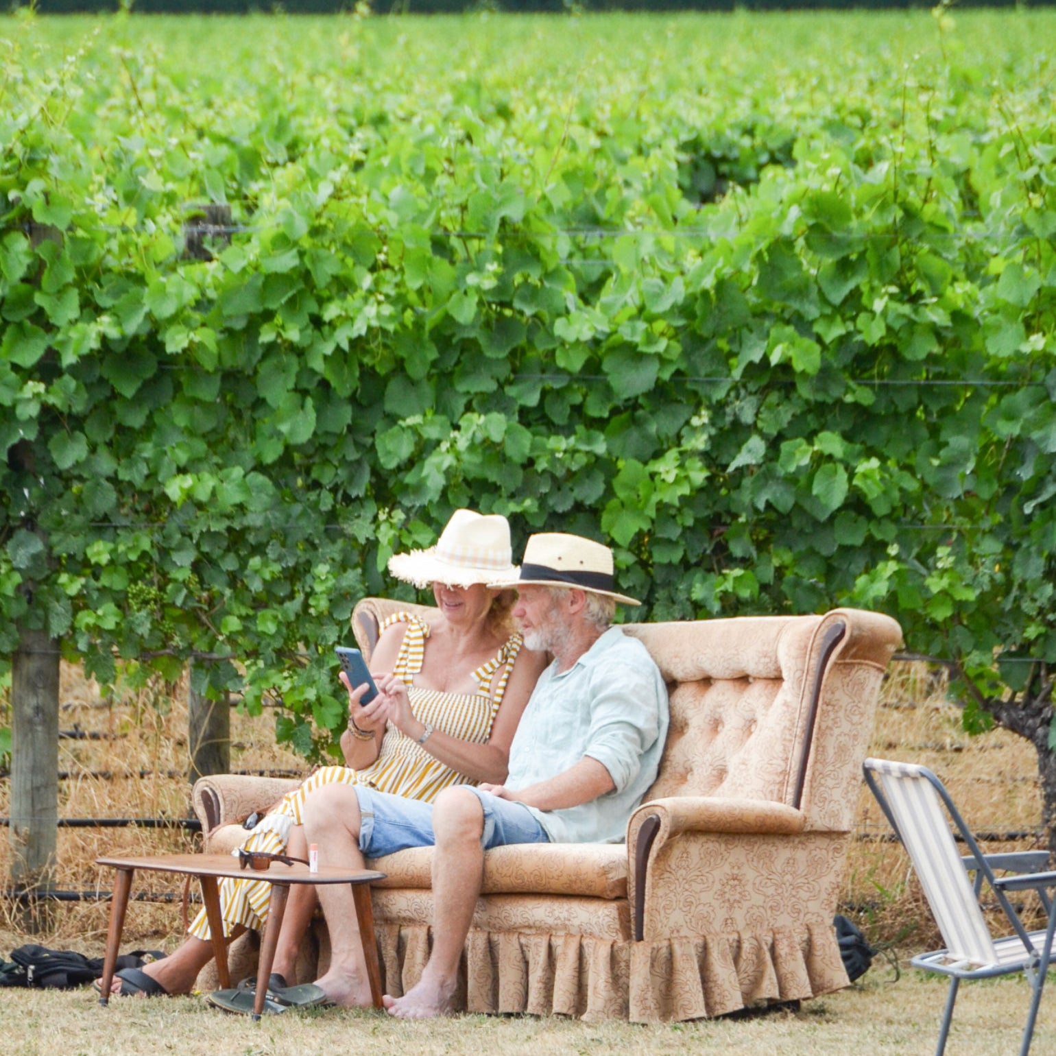 Couple on a couch in the vines