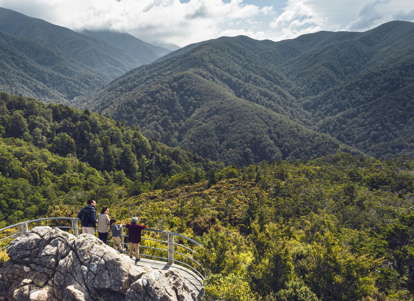 Family walking track looking over hills