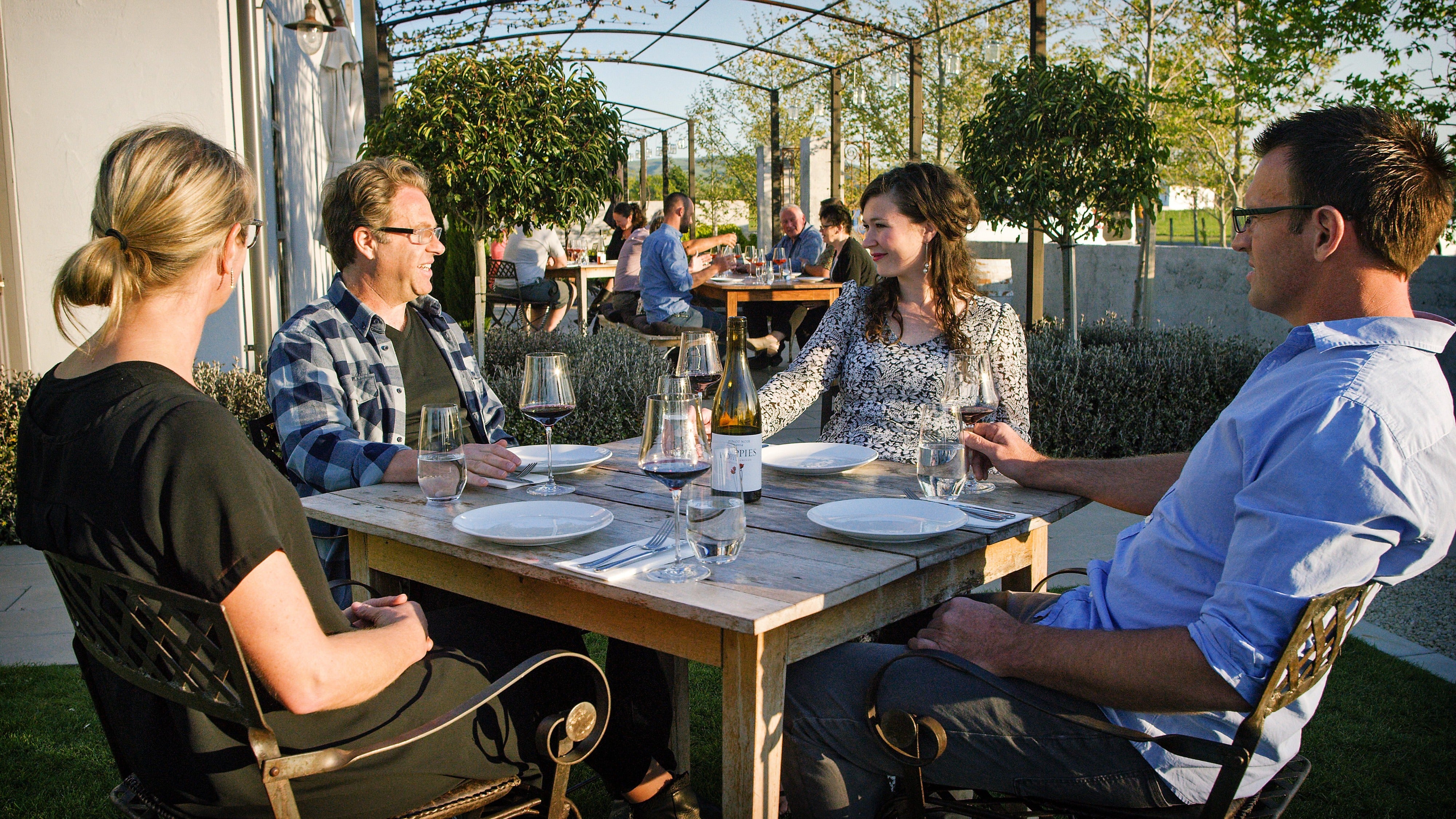 People at table in sunny courtyard drinking wine 