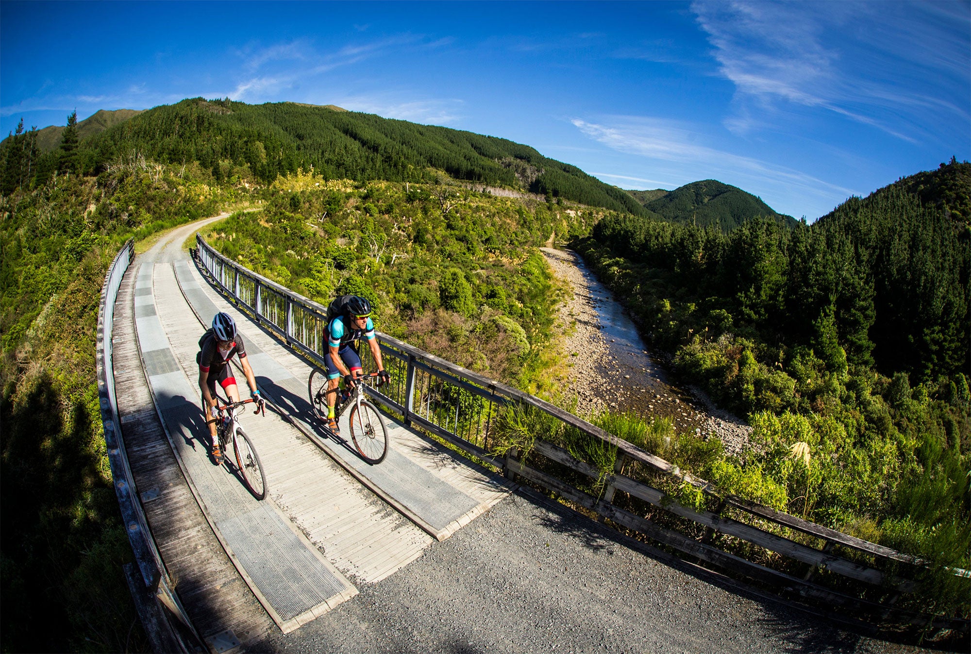 Cyclists crossing a bridge 