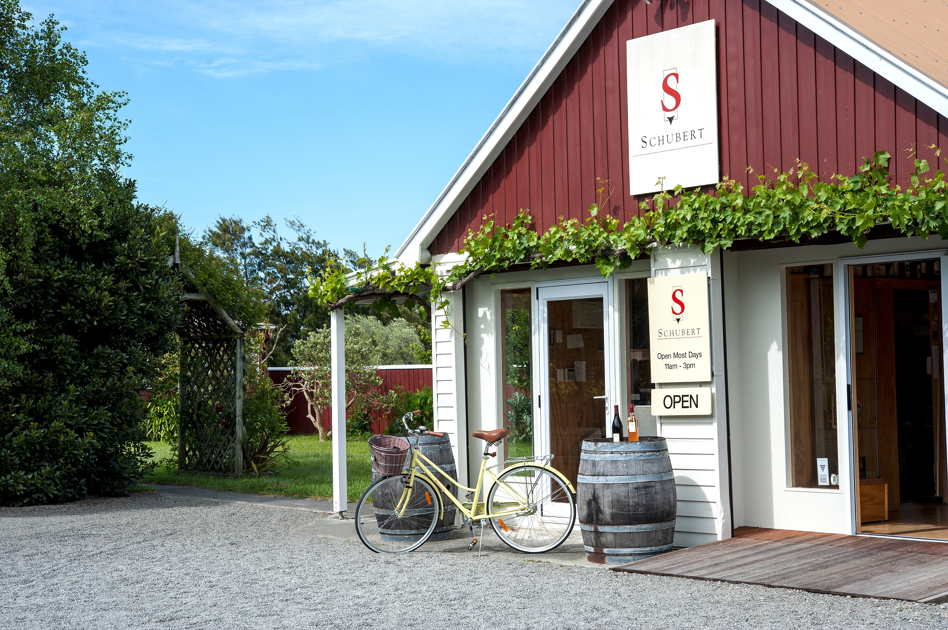 Bicycle parked outside cellar door 