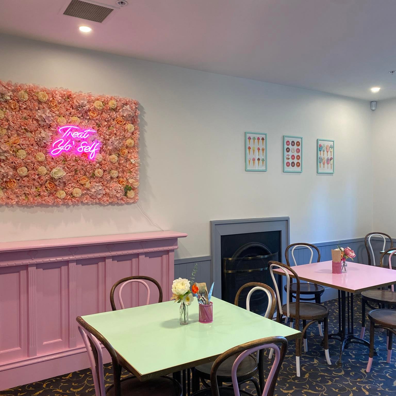 Pretty pastel coloured corner in cafe 