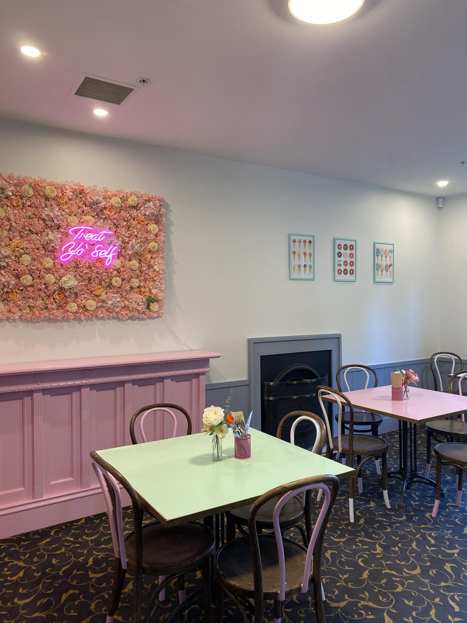 Pretty pastel coloured corner in cafe 