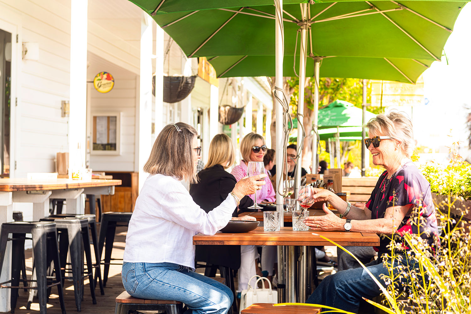 Ladies drinking wine on sunny deck