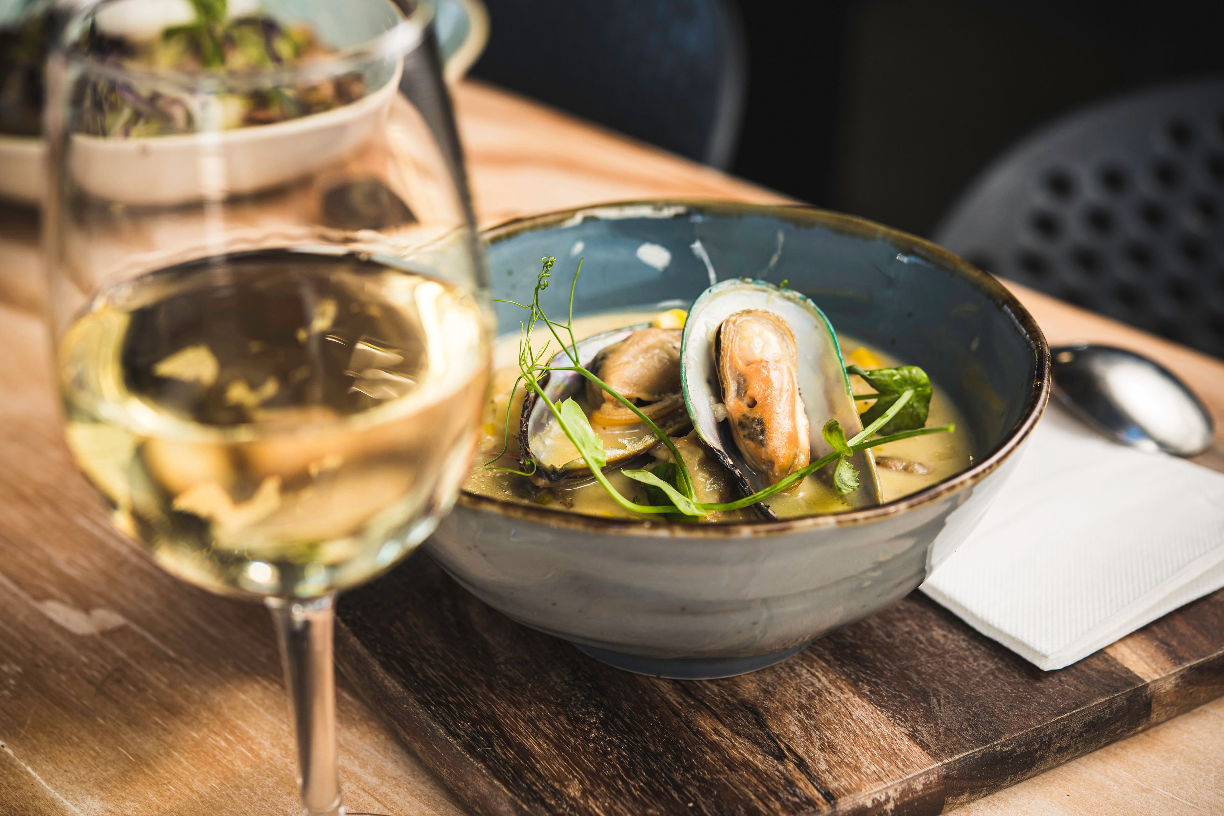 Food and wine on table 