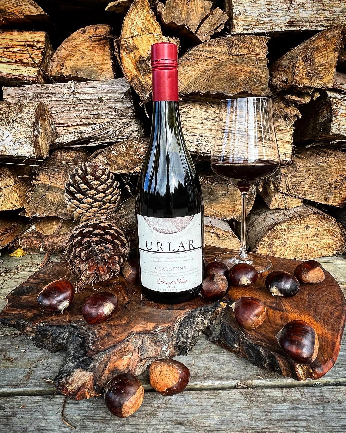 Bottle of red wine in front of wood & pinecones 