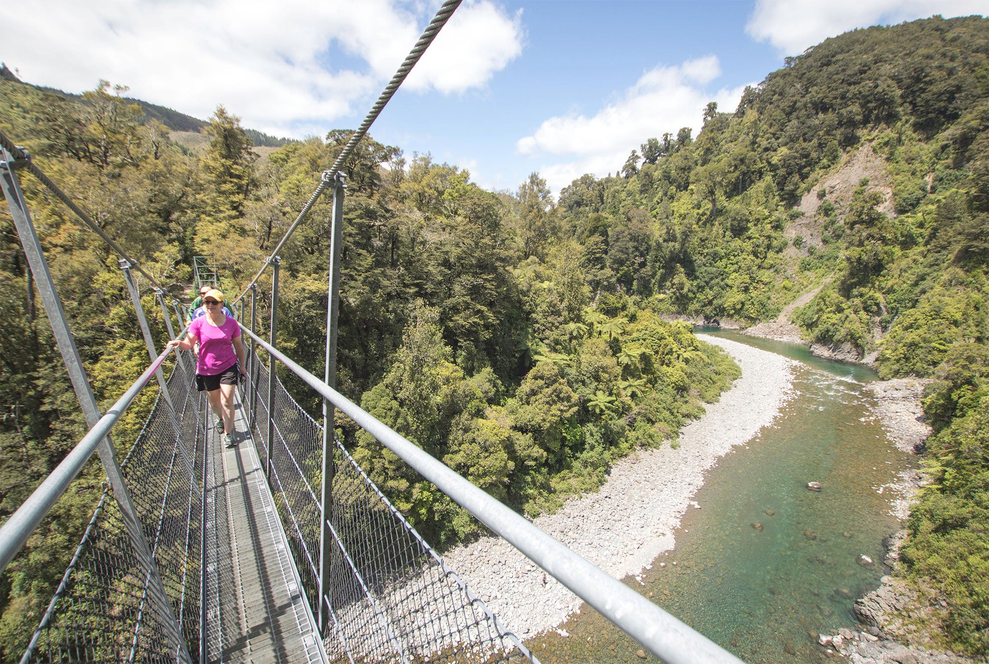 People crossing swing bridge 