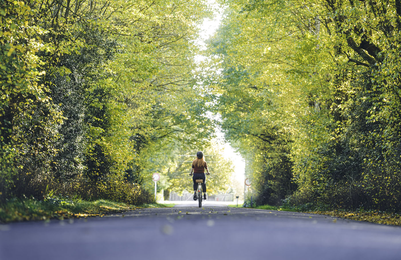 Lady riding through autumn trees 