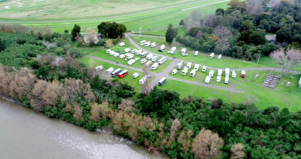 An aerial view of the campsite situated on the Tauherenikau River.