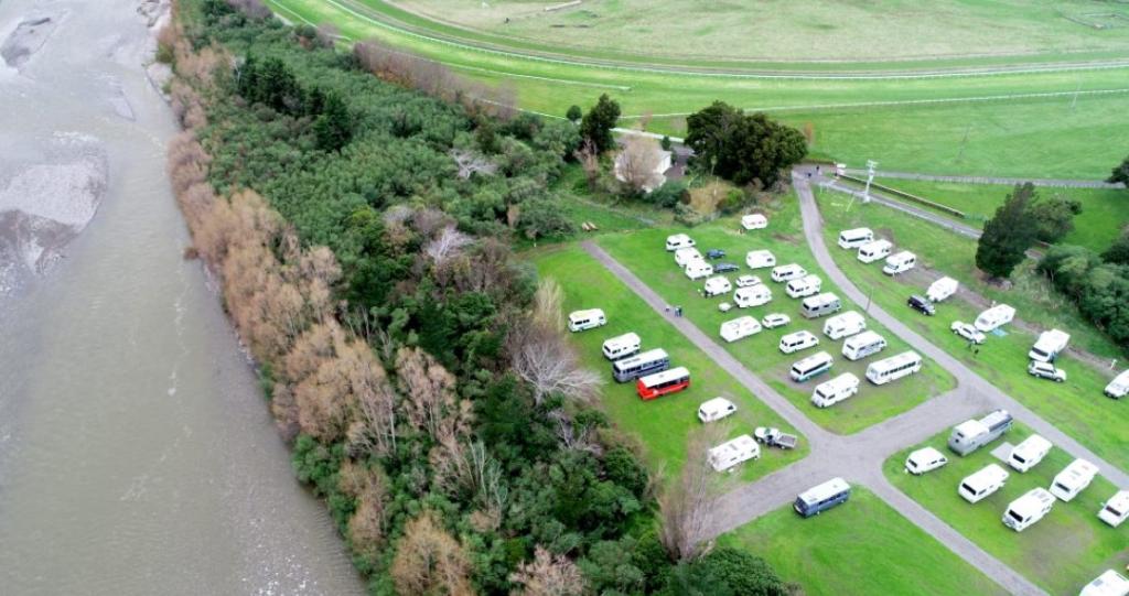 An aerial view of the campsite situated on the Tauherenikau River.